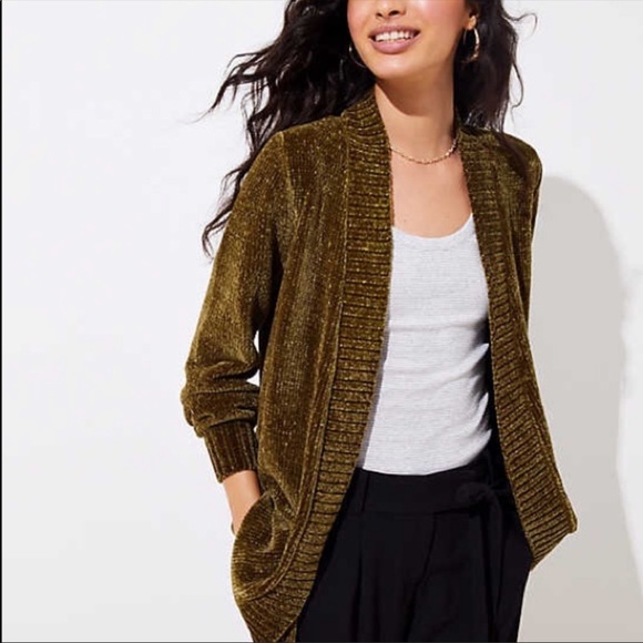 LOFT Sweaters - Loft Chenille Blouson Open Cardigan In Olive Green